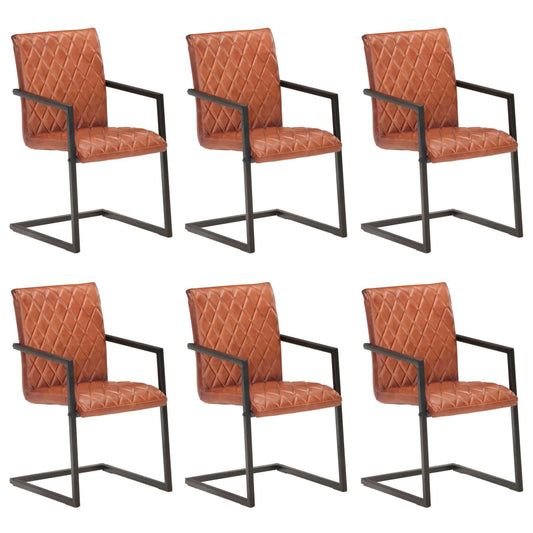 Cadeiras de jantar cantilever 6 pcs couro genuíno castanho