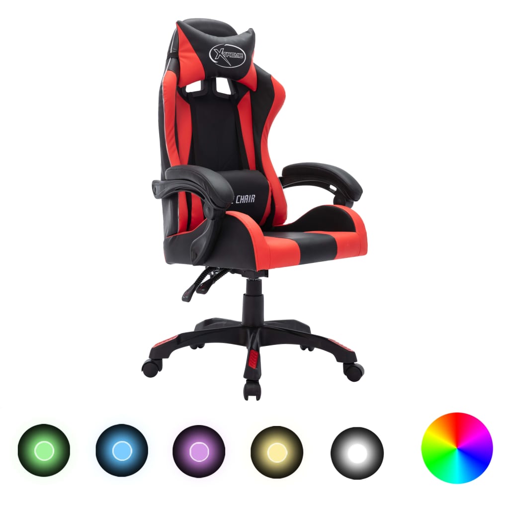 Cadeira estilo corrida luzes LED RGB couro arti. vermelho/preto