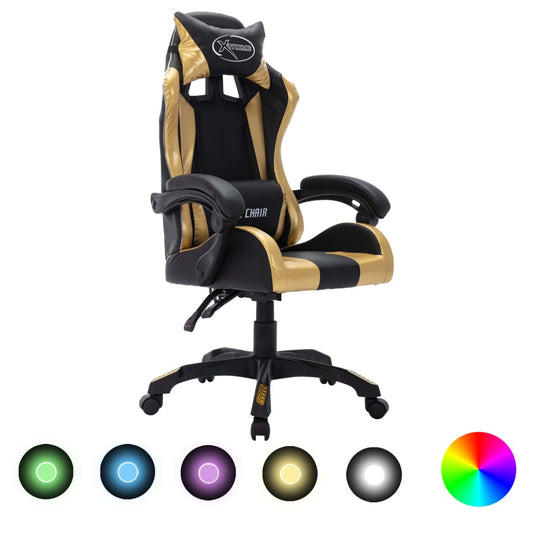 Cadeira estilo corrida luzes LED RGB couro artif. dourado/preto