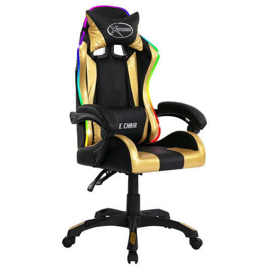 Cadeira estilo corrida luzes LED RGB couro artif. dourado/preto