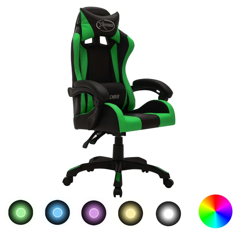 Cadeira estilo corrida luzes LED RGB couro artif. verde/preto