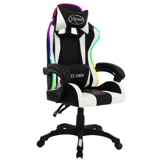 Cadeira estilo corrida luzes LED RGB couro artif. branco/preto