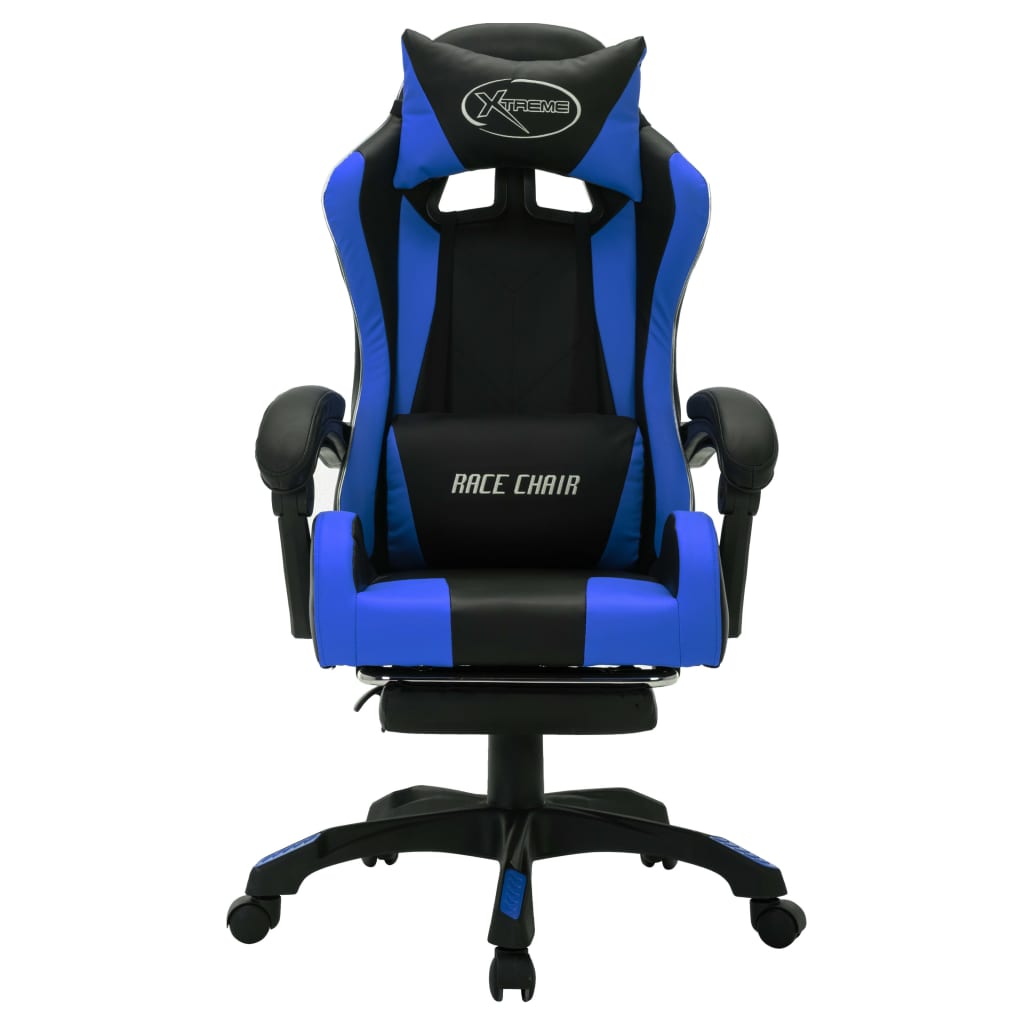 Cadeira estilo corrida c/ luzes LED RGB couro artif. azul/preto