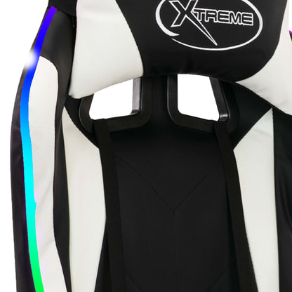 Cadeira estilo corrida luzes LED RGB couro artif. branco/preto