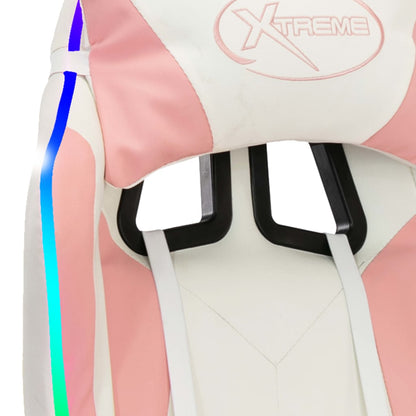 Cadeira estilo corrida c/ luzes LED RGB couro arti. rosa/branco