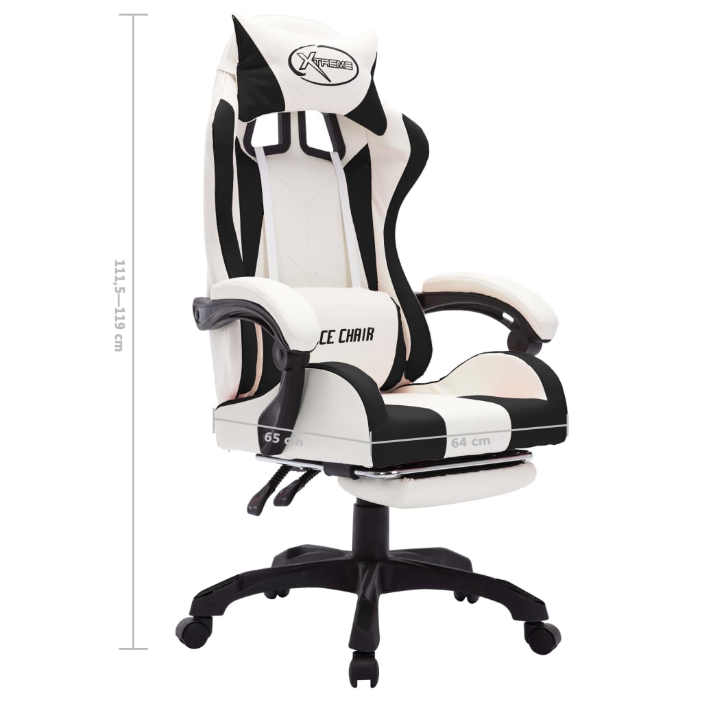 Cadeira estilo corrida luzes LED RGB couro artif. preto/branco