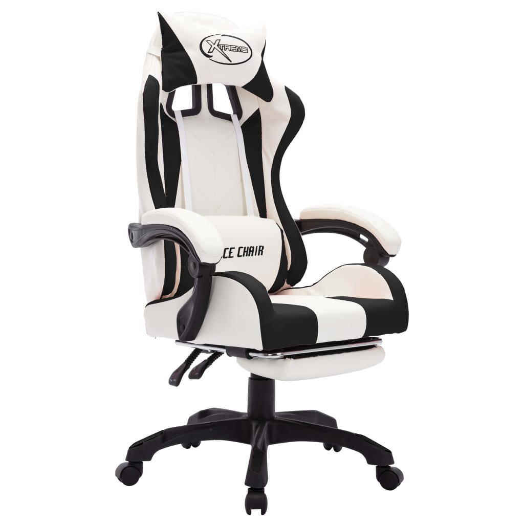 Cadeira estilo corrida luzes LED RGB couro artif. preto/branco