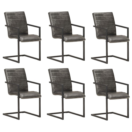 Cadeiras de jantar cantilever 6 pcs couro genuíno cinzento