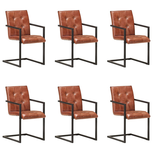 Cadeiras de jantar cantilever 6 pcs couro genuíno castanho