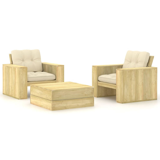 3 pcs conjunto lounge de jardim com almofadões pinho impregnado