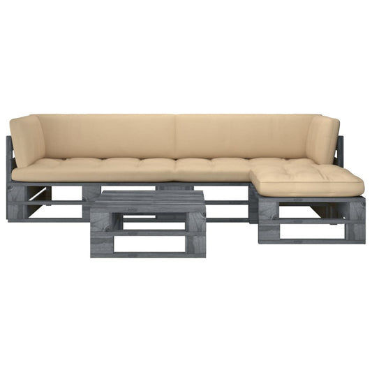 4 pcs conj. lounge paletes c/ almofadões pinho impregnado cinza