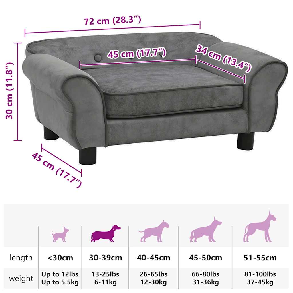 Sofá para cães 72x45x30 cm pelúcia cinzento-escuro