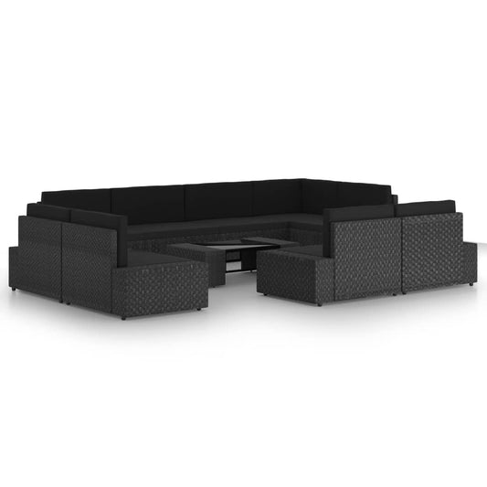 10 pcs conjunto lounge de jardim c/ almofadões vime PE preto