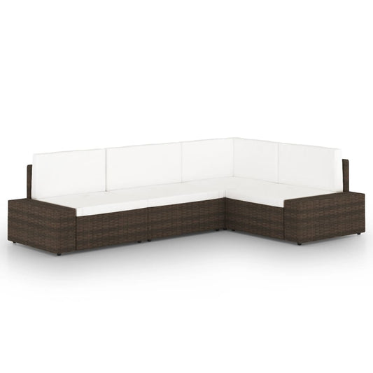 4 pcs conjunto lounge p/ jardim c/ almofadões vime PE castanho