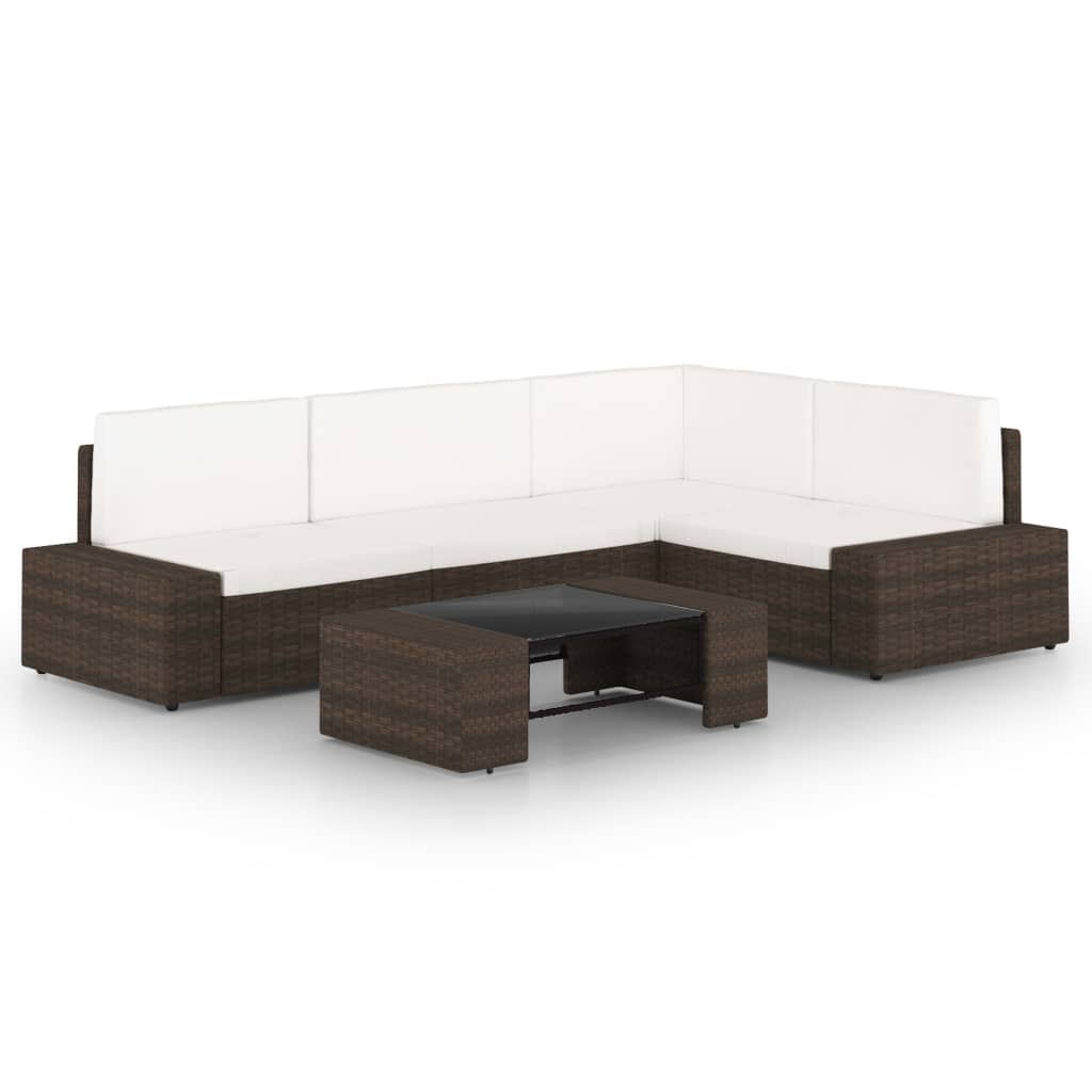 5 pcs conjunto lounge p/ jardim c/ almofadões vime PE castanho