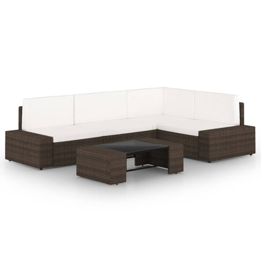 5 pcs conjunto lounge p/ jardim c/ almofadões vime PE castanho