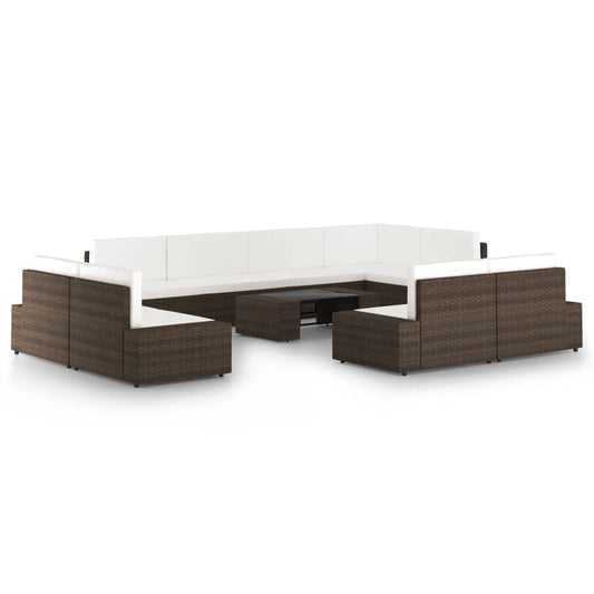 10 pcs conjunto lounge p/ jardim c/ almofadões vime PE castanho