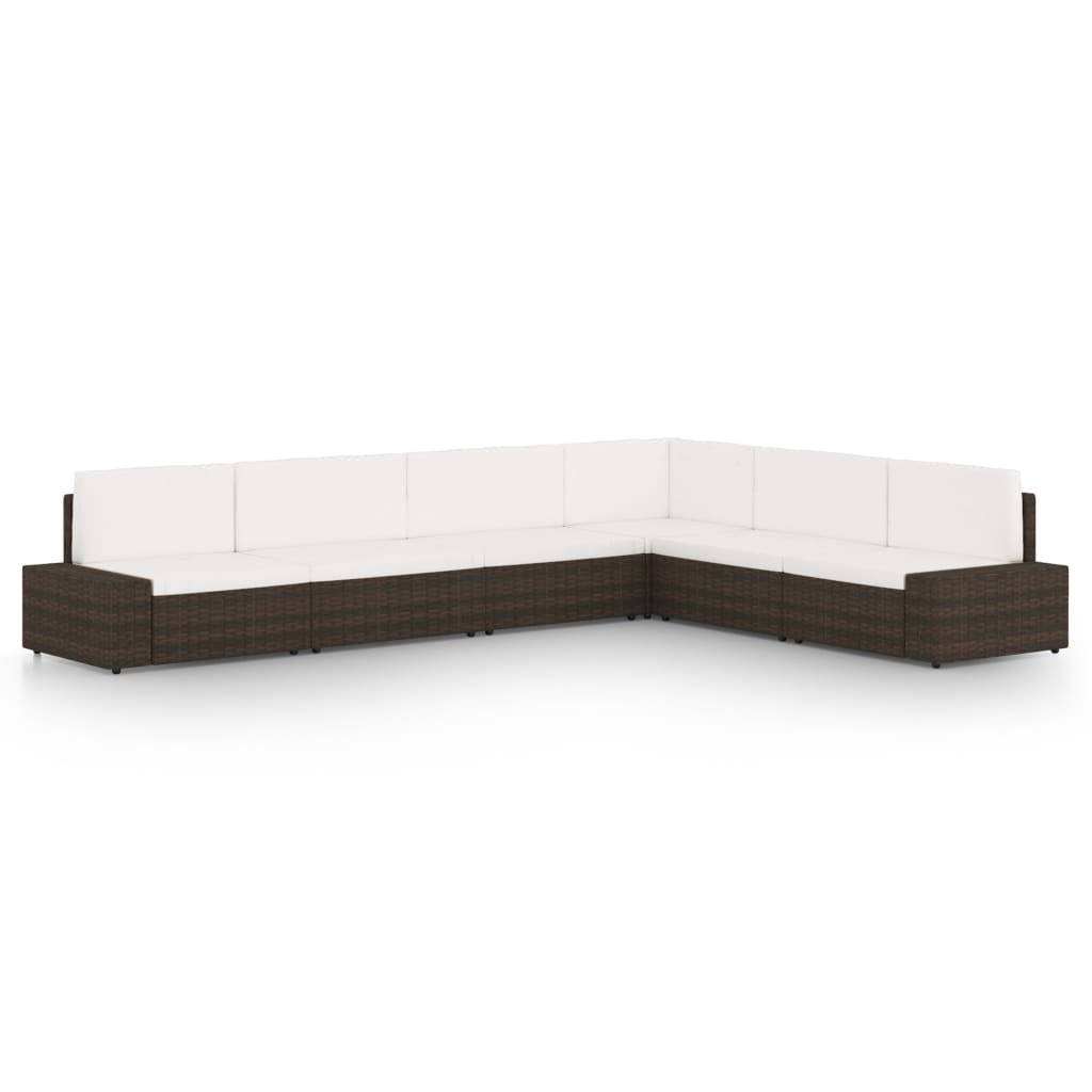 6 pcs conjunto lounge p/ jardim c/ almofadões vime PE castanho