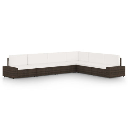 6 pcs conjunto lounge p/ jardim c/ almofadões vime PE castanho