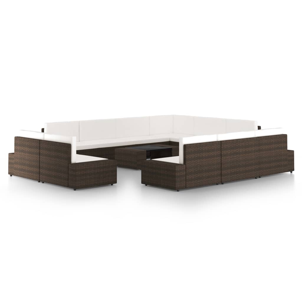 12 pcs conjunto lounge p/ jardim c/ almofadões vime PE castanho