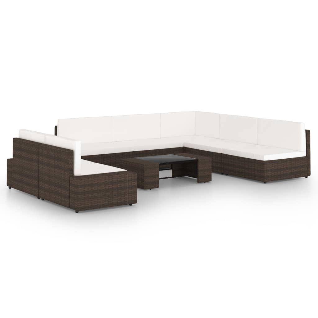 8 pcs conjunto lounge p/ jardim c/ almofadões vime PE castanho