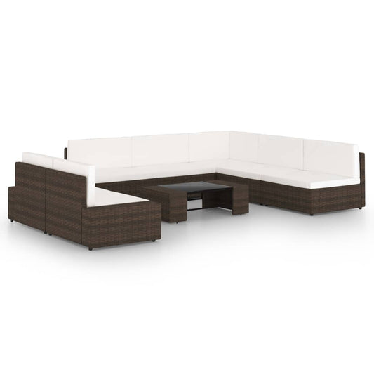 8 pcs conjunto lounge p/ jardim c/ almofadões vime PE castanho