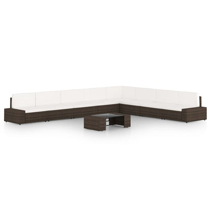 9 pcs conjunto lounge p/ jardim c/ almofadões vime PE castanho