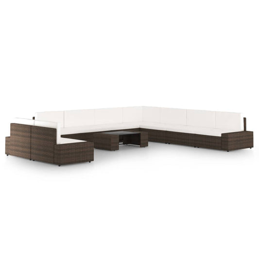 10 pcs conjunto lounge p/ jardim c/ almofadões vime PE castanho