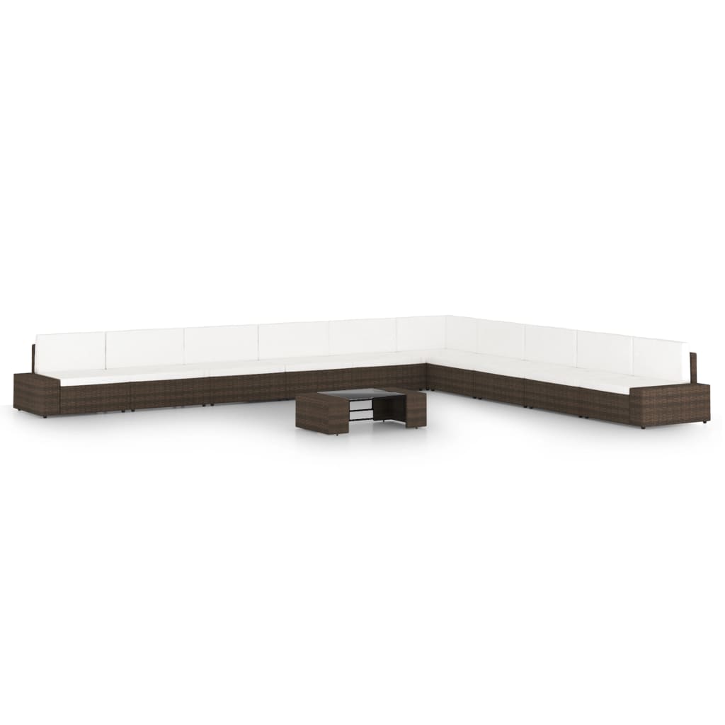 11 pcs conjunto lounge p/ jardim c/ almofadões vime PE castanho