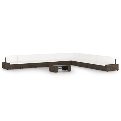 11 pcs conjunto lounge p/ jardim c/ almofadões vime PE castanho