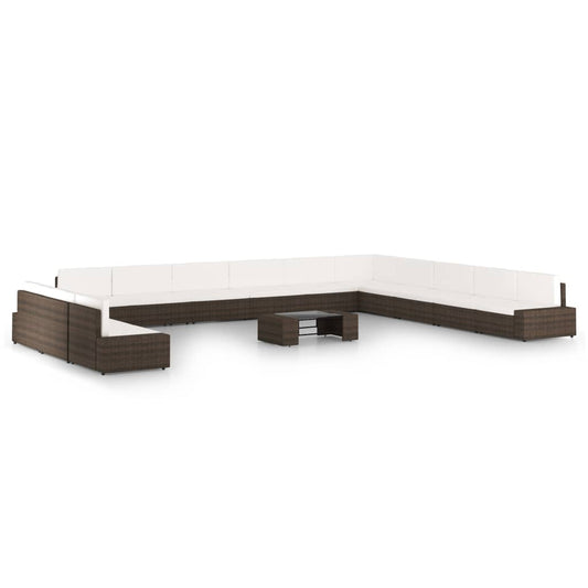 14 pcs conjunto lounge p/ jardim c/ almofadões vime PE castanho