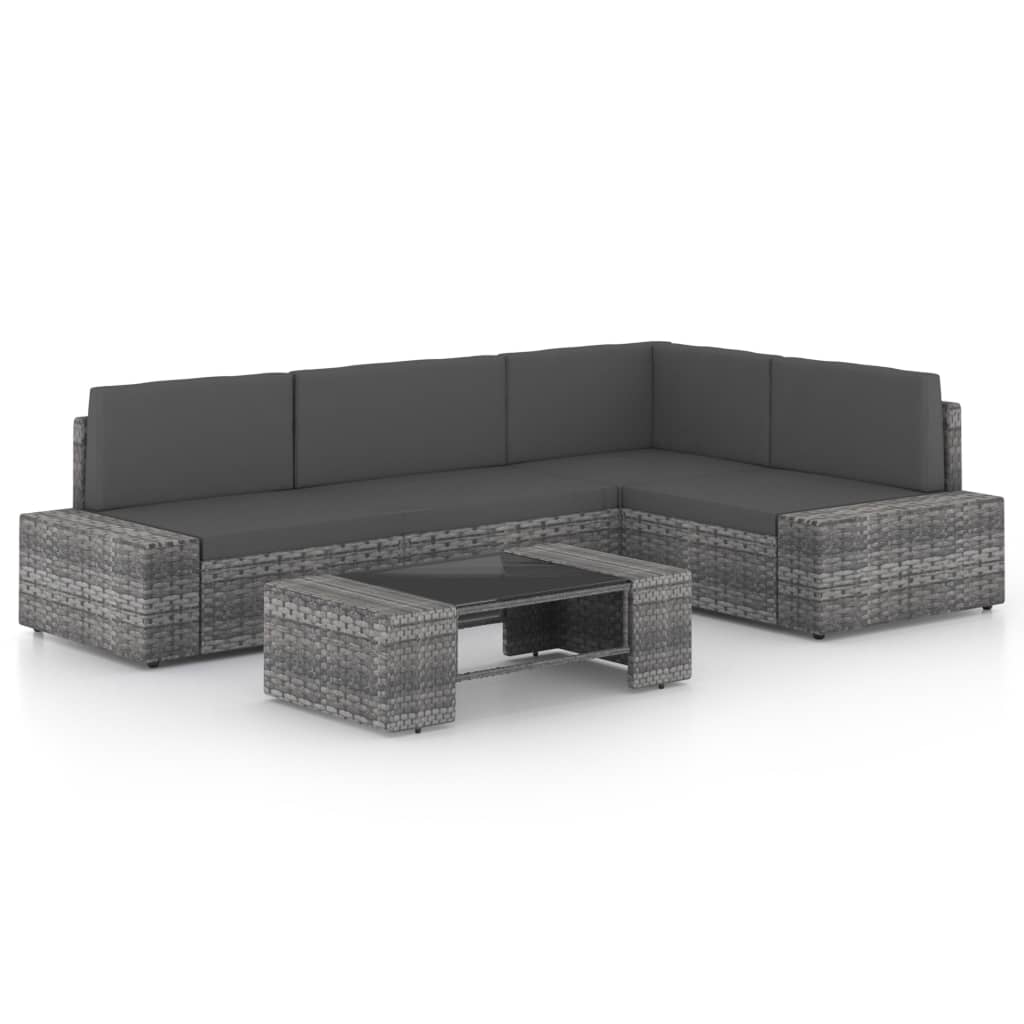 5 pcs conjunto lounge de jardim c/ almofadões vime PE cinzento