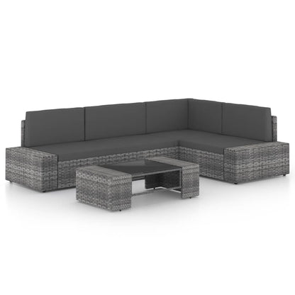 5 pcs conjunto lounge de jardim c/ almofadões vime PE cinzento
