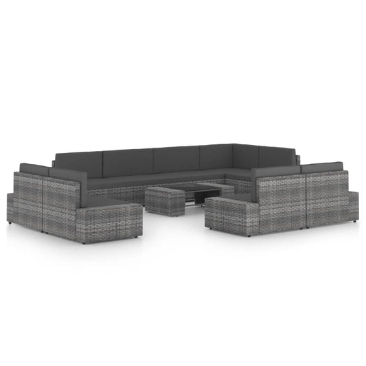10 pcs conjunto lounge de jardim c/ almofadões vime PE cinzento