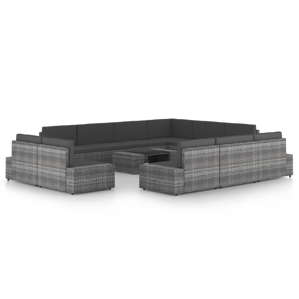 12 pcs conjunto lounge de jardim c/ almofadões vime PE cinzento