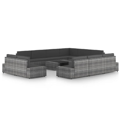 12 pcs conjunto lounge de jardim c/ almofadões vime PE cinzento