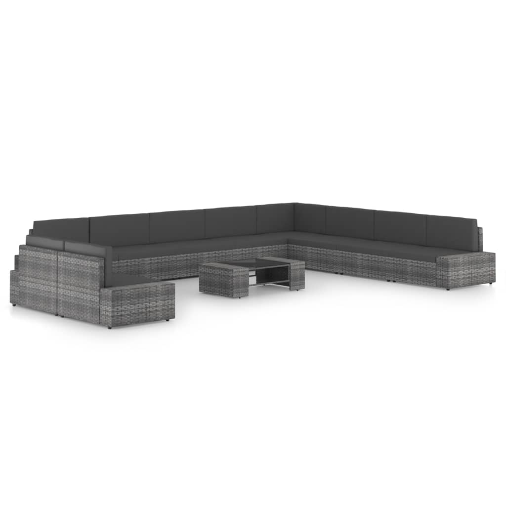 11 pcs conjunto lounge de jardim c/ almofadões vime PE cinzento