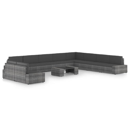 11 pcs conjunto lounge de jardim c/ almofadões vime PE cinzento