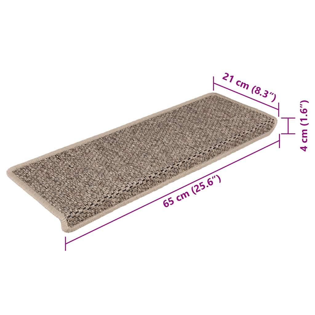 Tapetes escada adesivos aspeto sisal 15pcs 65x21x4 bege-escuro
