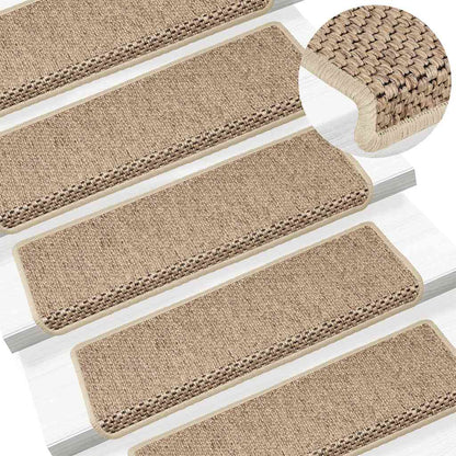 Tapetes escada adesivos aspeto sisal 15pcs 65x21x4cm cor areia