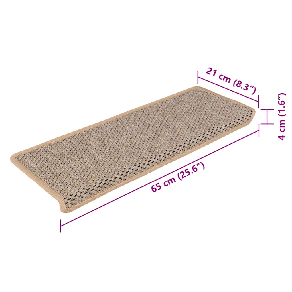 Tapetes escada adesivos aspeto sisal 15pcs 65x21x4cm bege-claro