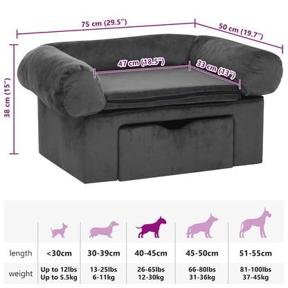 Sofá para cães com gaveta 75x50x38 cm pelúcia cinzento-escuro