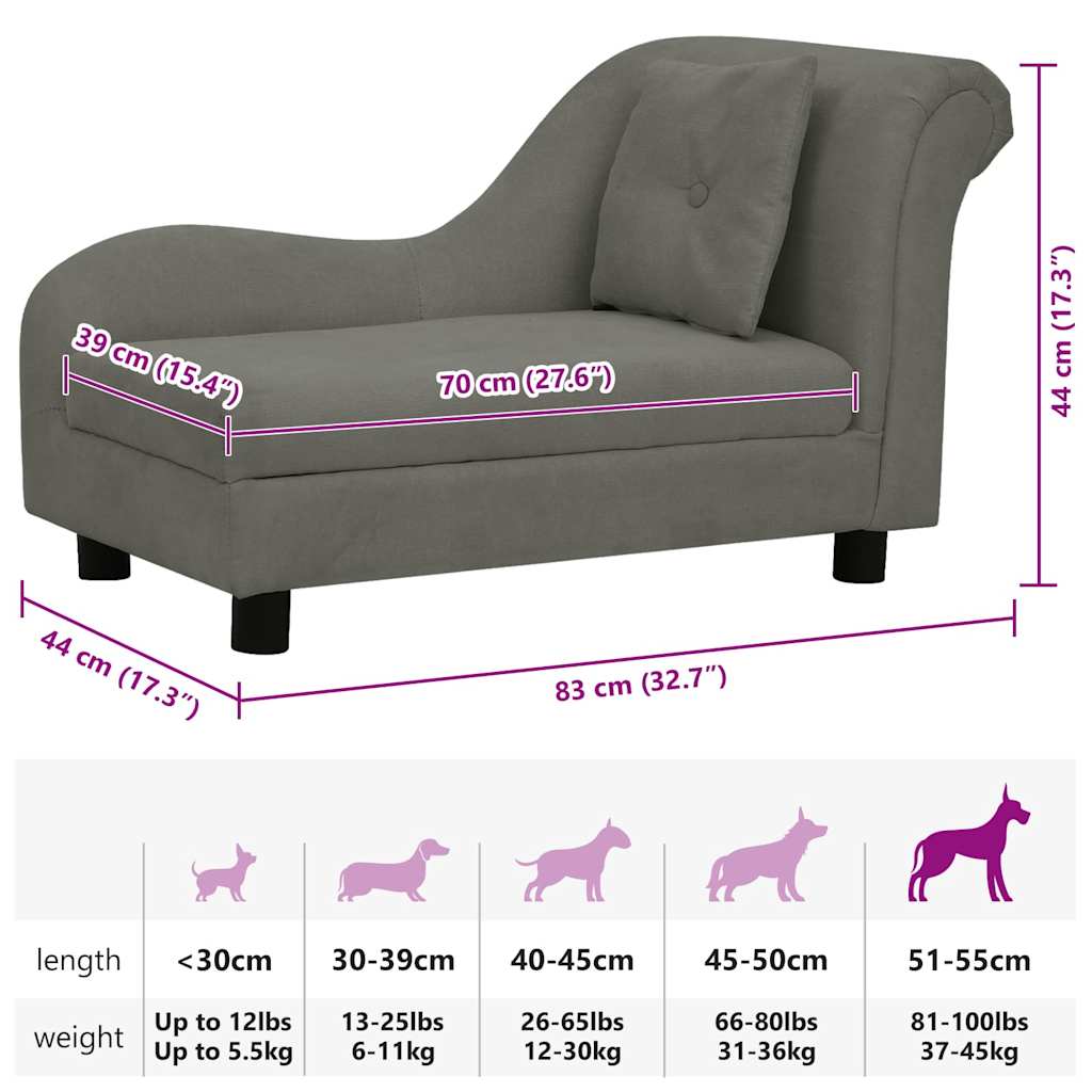 Sofá para cães com almofada 83x44x44 cm pelúcia cinzento-escuro