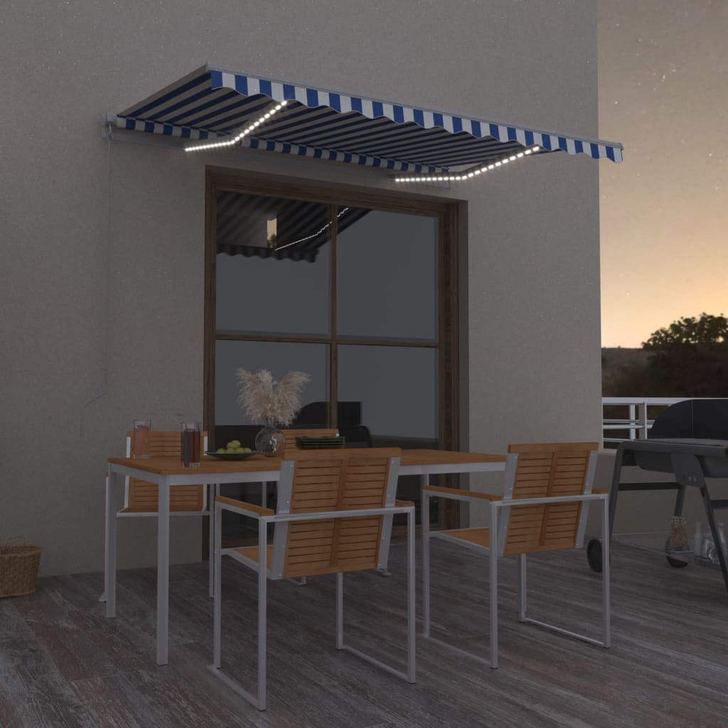 Toldo retrátil manual com LED 300x250 cm azul e branco