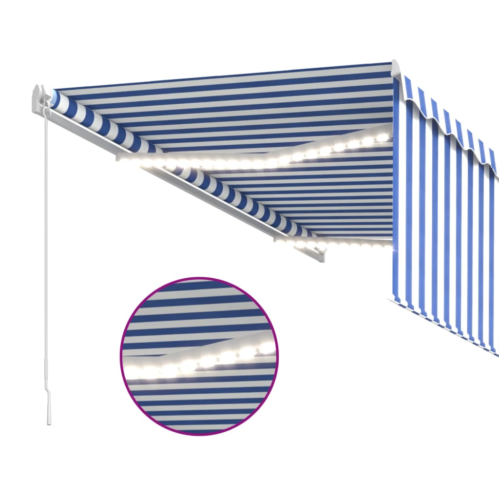 Toldo retrátil manual com estore/LED 3x2,5 m azul e branco