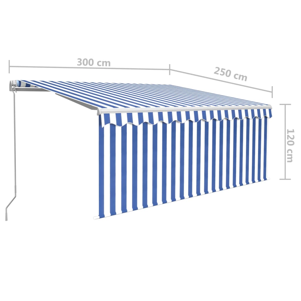 Toldo retrátil manual com estore/LED 3x2,5 m azul e branco