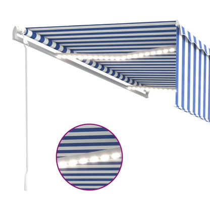 Toldo autom. c/ estore/LED/sensor de vento 5x3 m azul/branco