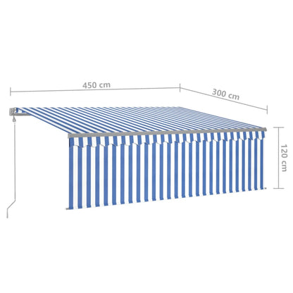 Toldo automático c/ estore/LED/sensor vento 4,5x3 m azul/branco