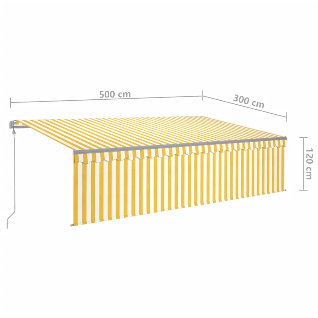 Toldo autom. c/ estore/LED/sensor de vento 5x3 m amarelo/branco