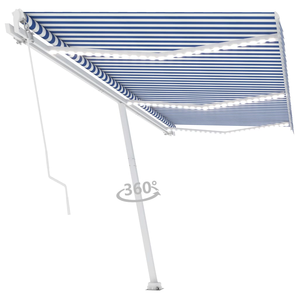 Toldo retrátil manual com LED 600x350 cm azul e branco